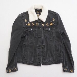 Driftwood Womens Denim Jean Jacket Fleece Sherpa Collar Embroidered Small
